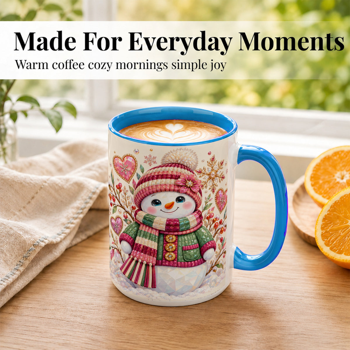 #pl[15oz|Blue] Faceted Snowman Coffee Mug, Winter Heart Mug, Ceramic Cup