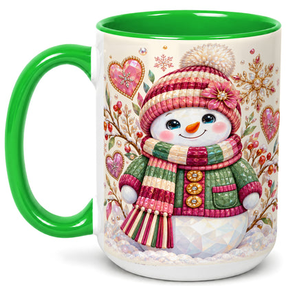 #pl[15oz|Green] Faceted Snowman Coffee Mug, Winter Heart Mug, Ceramic Cup