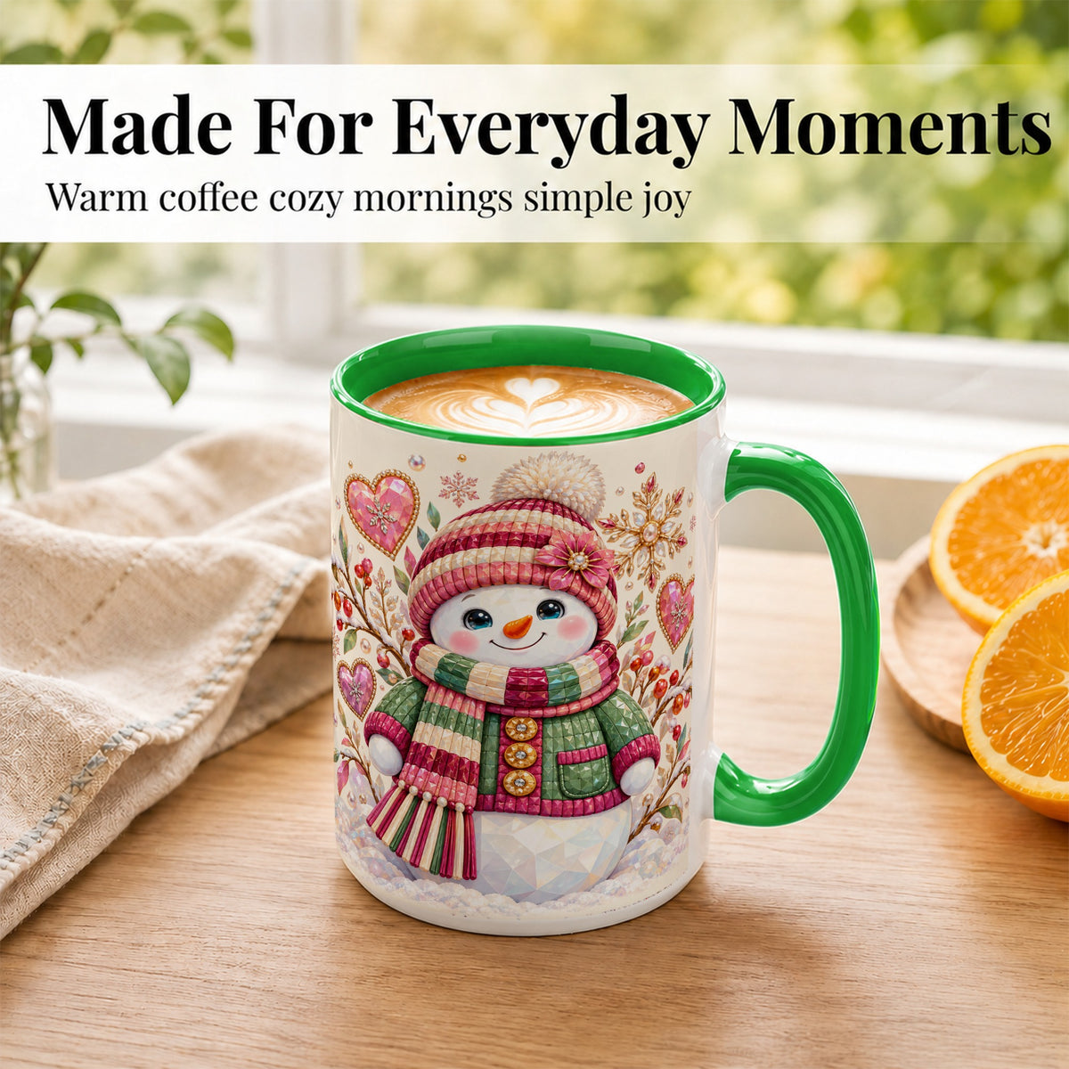 #pl[15oz|Green] Faceted Snowman Coffee Mug, Winter Heart Mug, Ceramic Cup