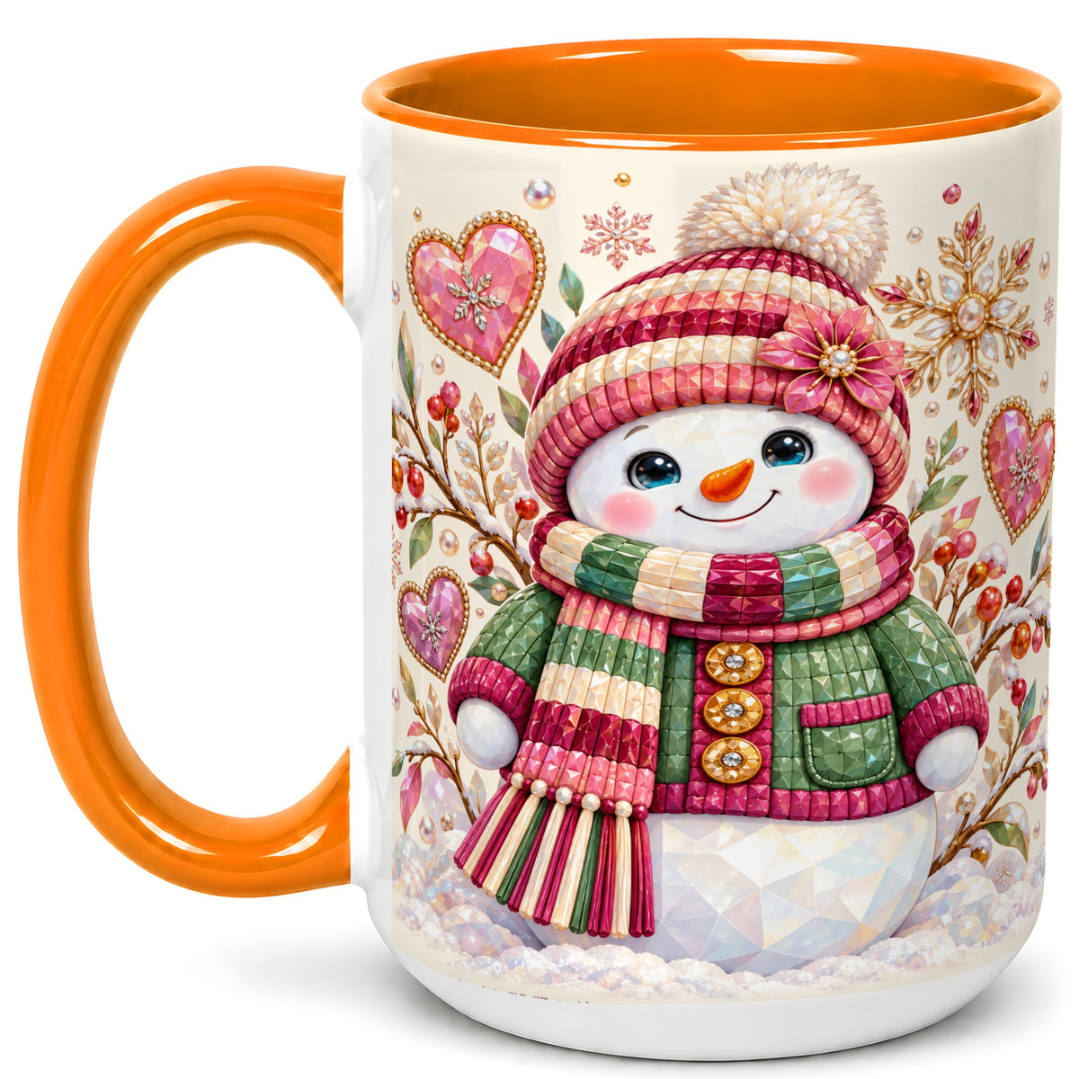 #pl[15oz|Orange] Faceted Snowman Coffee Mug, Winter Heart Mug, Ceramic Cup