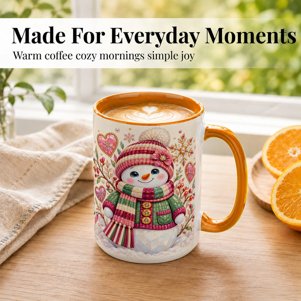 #pl[15oz|Orange] Faceted Snowman Coffee Mug, Winter Heart Mug, Ceramic Cup