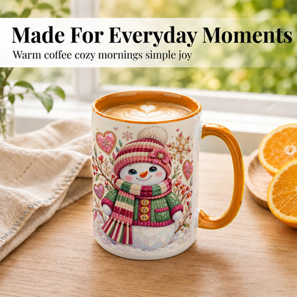 #pl[15oz|Orange] Faceted Snowman Coffee Mug, Winter Heart Mug, Ceramic Cup