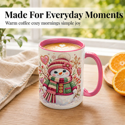 #pl[15oz|Pink] Faceted Snowman Coffee Mug, Winter Heart Mug, Ceramic Cup