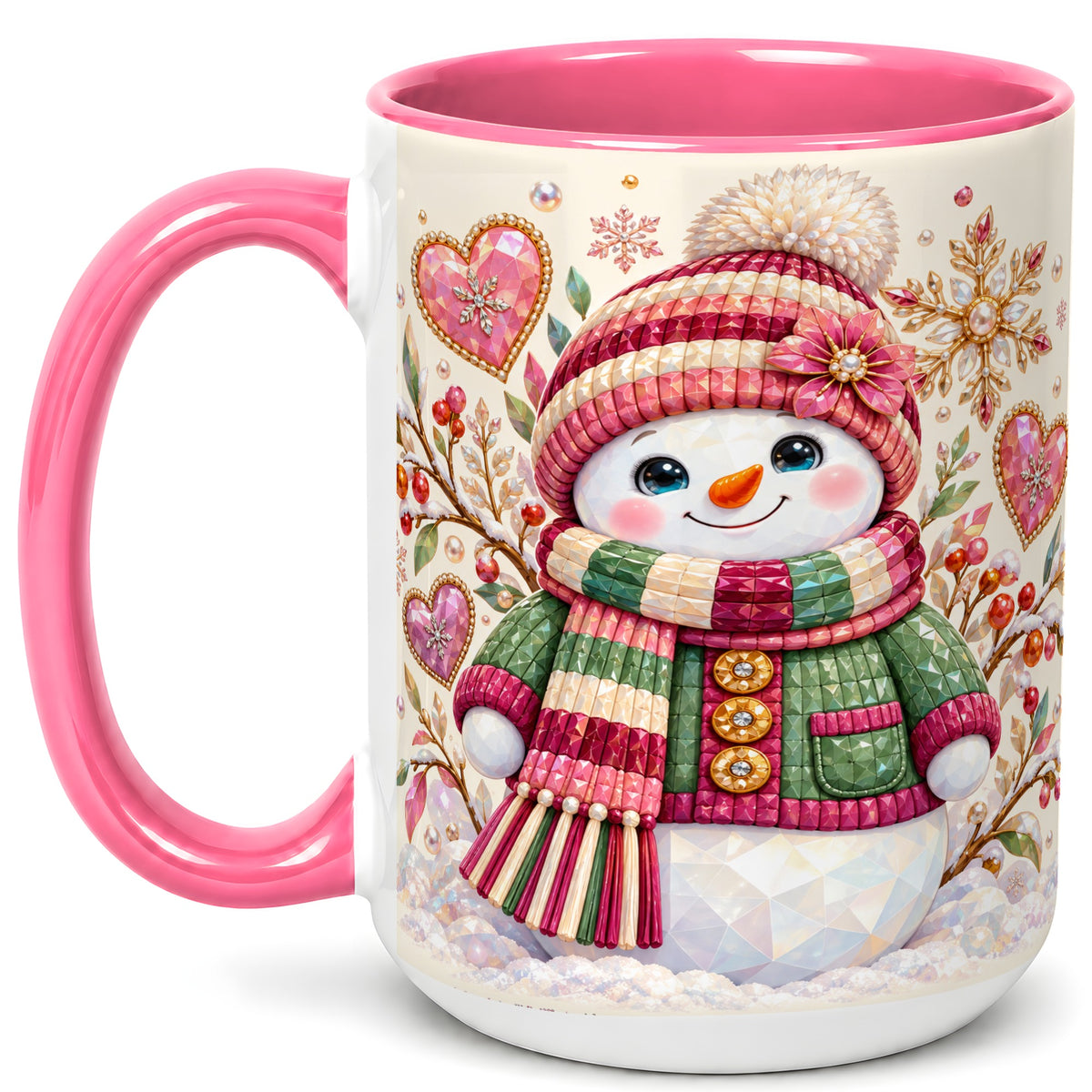 #pl[15oz|Pink] Faceted Snowman Coffee Mug, Winter Heart Mug, Ceramic Cup