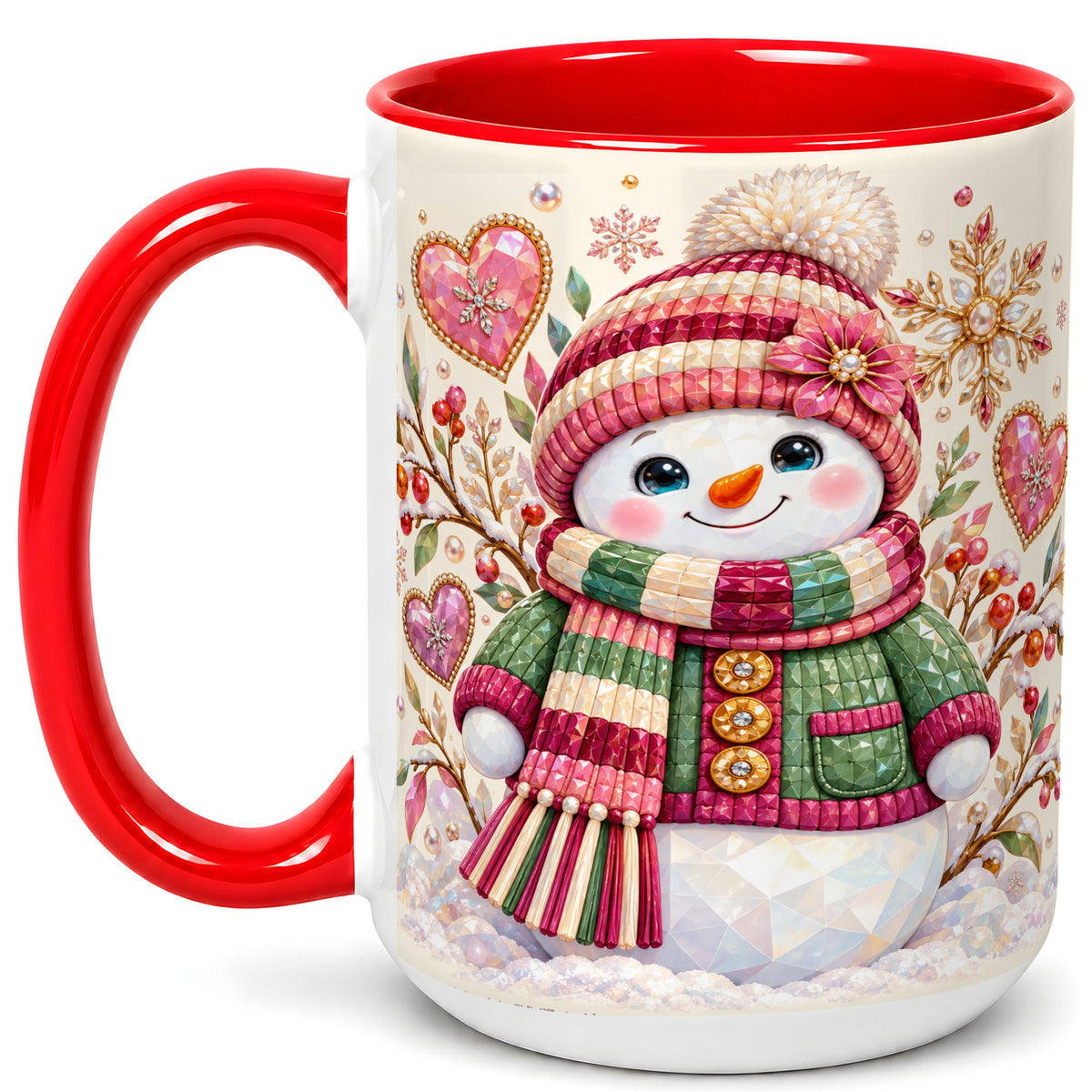 #pl[15oz|Red] Faceted Snowman Coffee Mug, Winter Heart Mug, Ceramic Cup