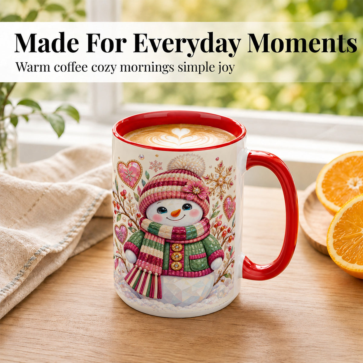 #pl[15oz|Red] Faceted Snowman Coffee Mug, Winter Heart Mug, Ceramic Cup