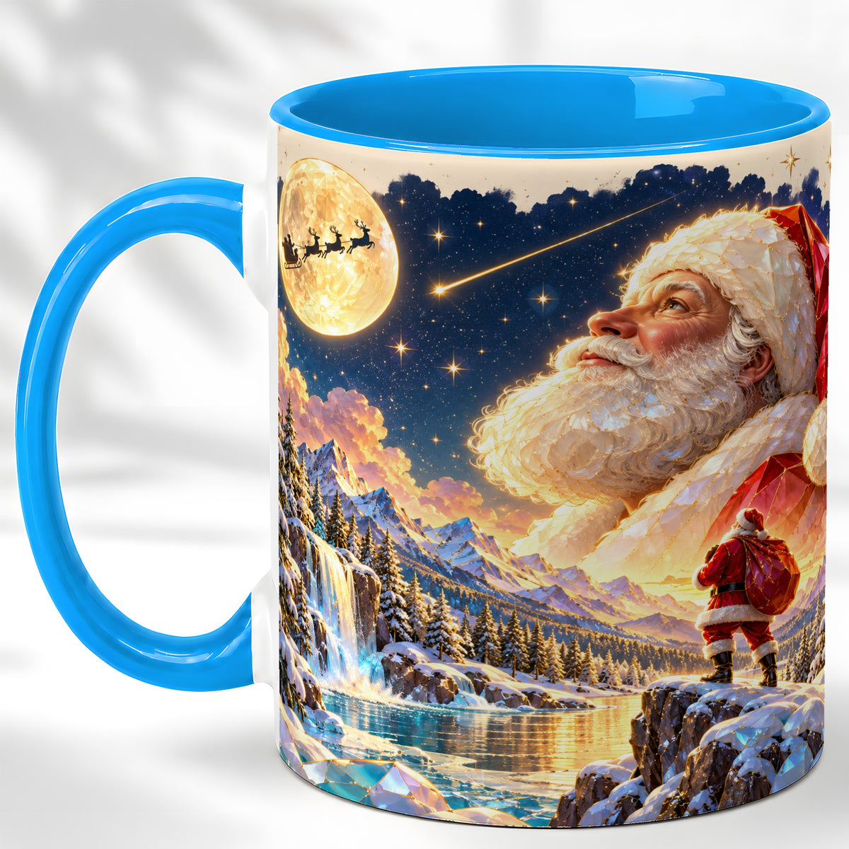 #pl[11oz|Blue] Christmas Santa Coffee Mug, Moonlit Winter Mug, Ceramic Cup