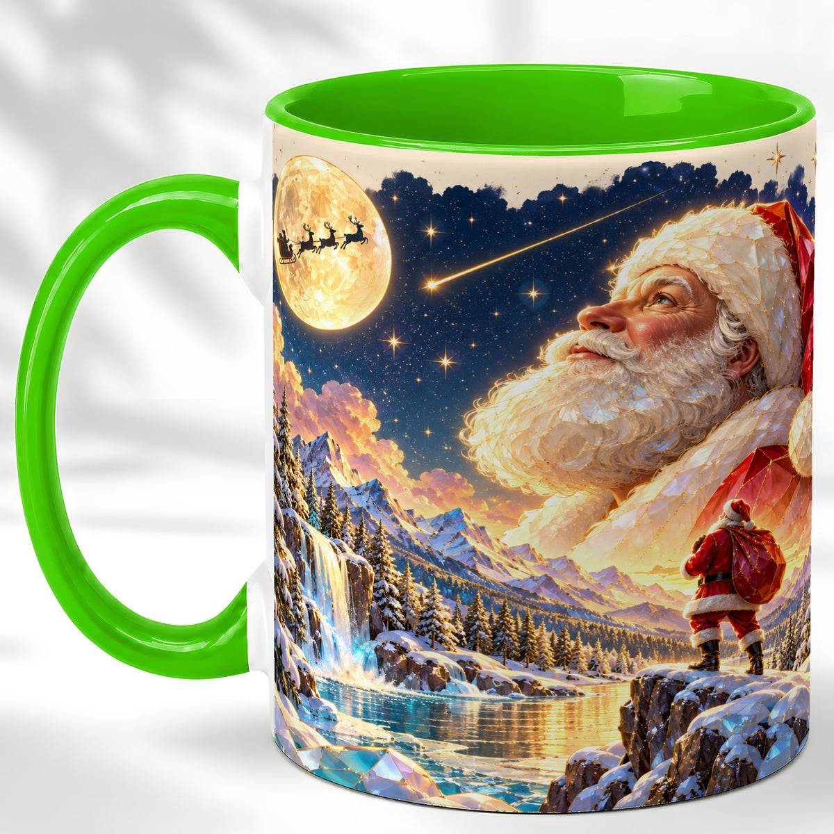 #pl[11oz|Green] Christmas Santa Coffee Mug, Moonlit Winter Mug, Ceramic Cup