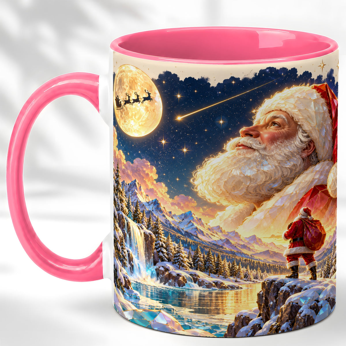 #pl[11oz|Pink] Christmas Santa Coffee Mug, Moonlit Winter Mug, Ceramic Cup