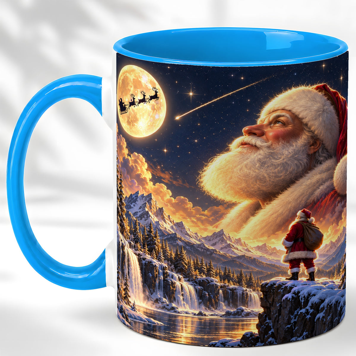 #pl[11oz|Blue] Santa Moon Coffee Mug, Winter Landscape Mug, Ceramic Cup