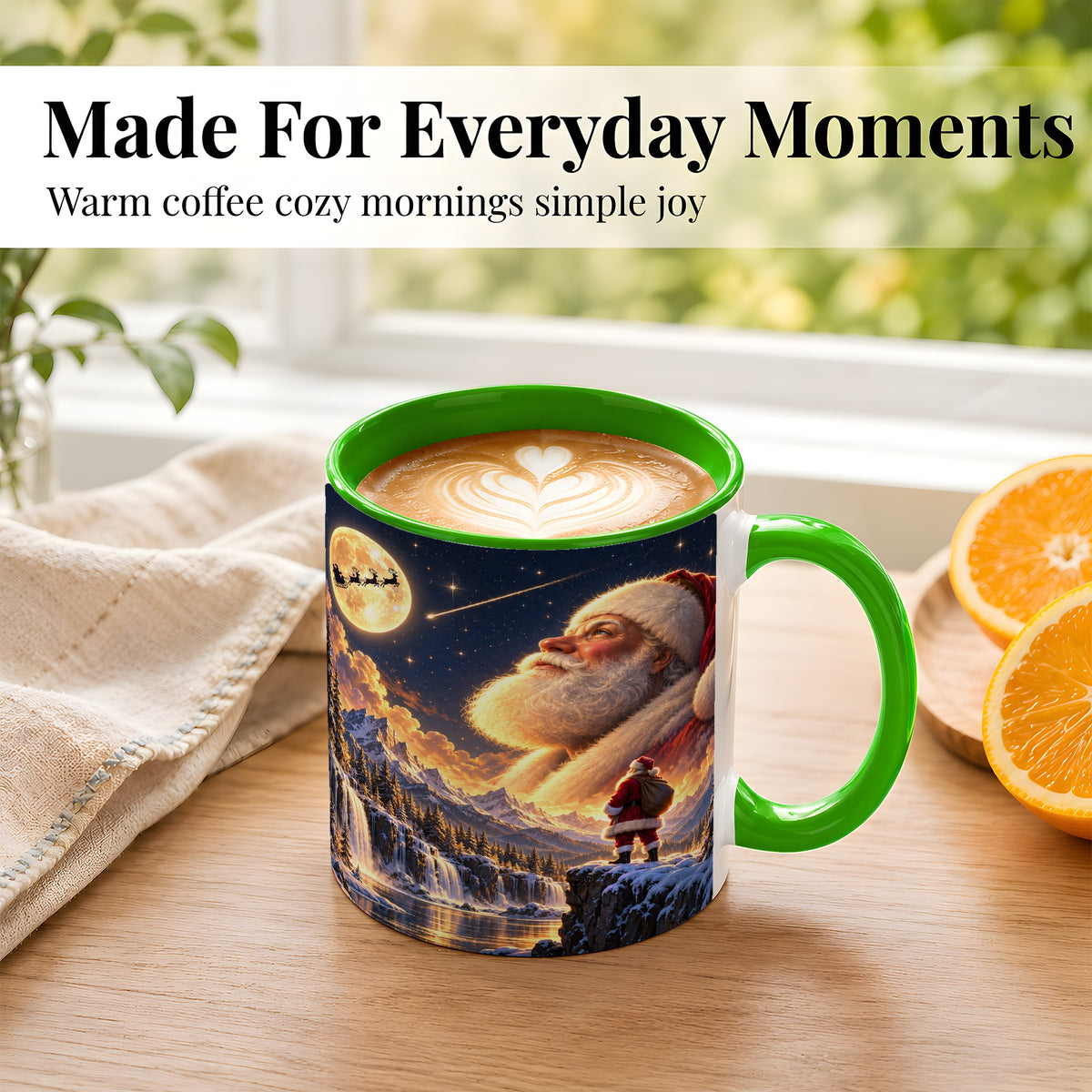 #pl[11oz|Green] Santa Moon Coffee Mug, Winter Landscape Mug, Ceramic Cup