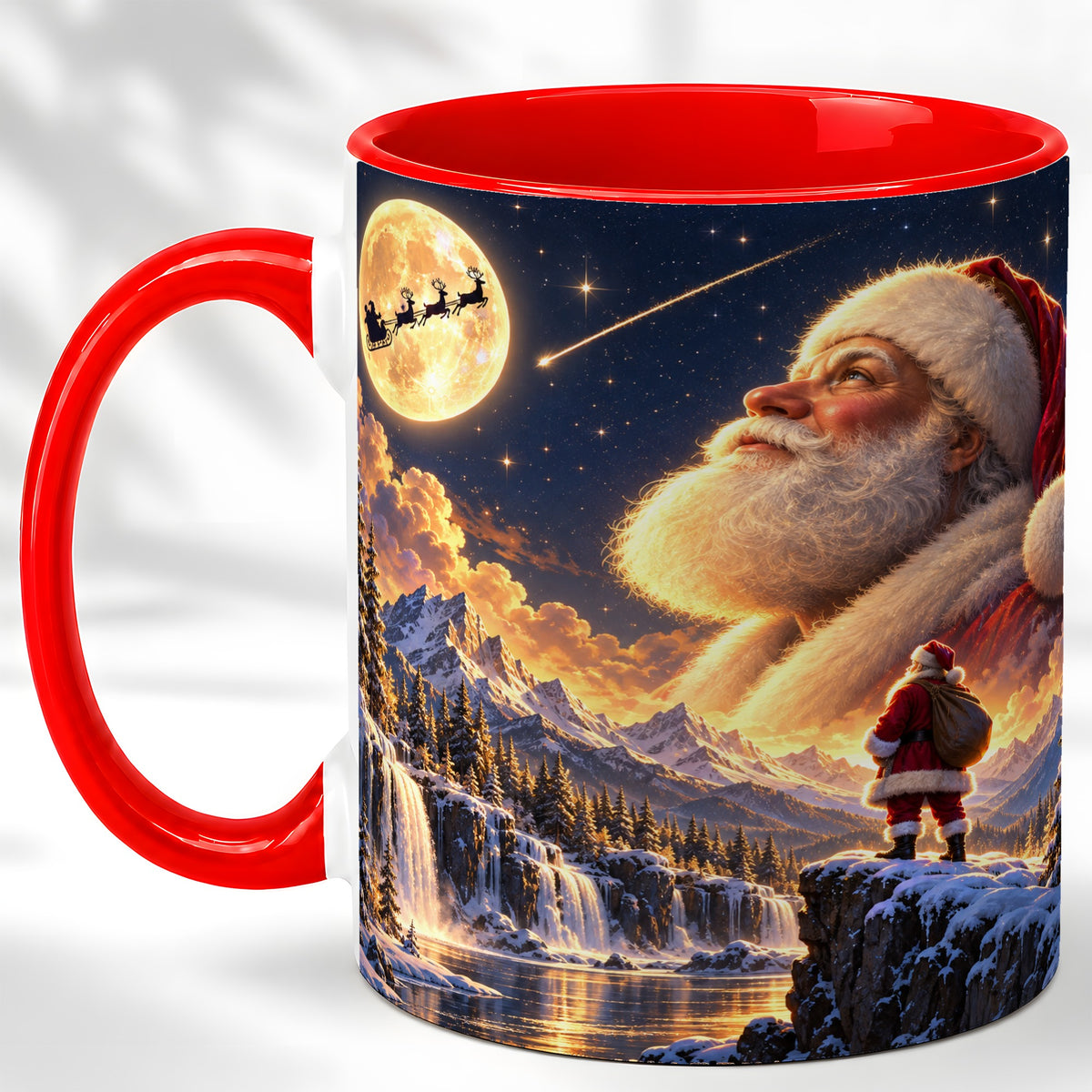 Santa Moon Coffee Mug, Winter Landscape Mug, Ceramic Cup