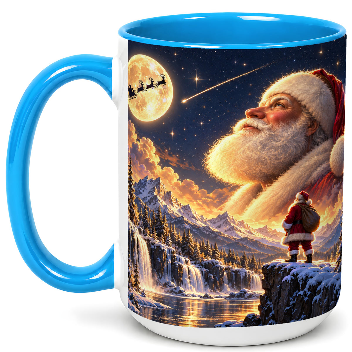 #pl[15oz|Blue] Santa Moon Coffee Mug, Winter Landscape Mug, Ceramic Cup