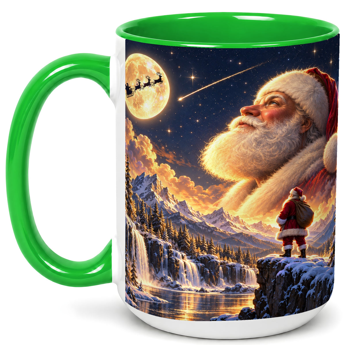 #pl[15oz|Green] Santa Moon Coffee Mug, Winter Landscape Mug, Ceramic Cup