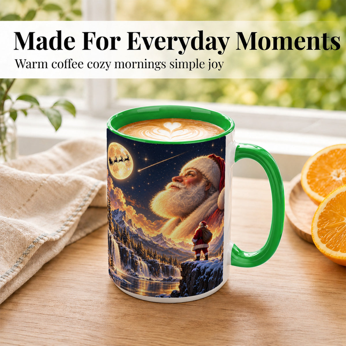 #pl[15oz|Green] Santa Moon Coffee Mug, Winter Landscape Mug, Ceramic Cup