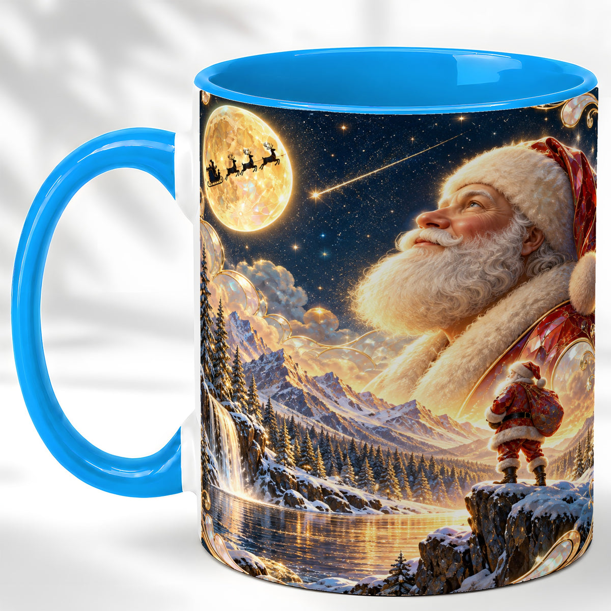 #pl[11oz|Blue] Santa Winter Coffee Mug, Mountain Night Mug, Ceramic Cup