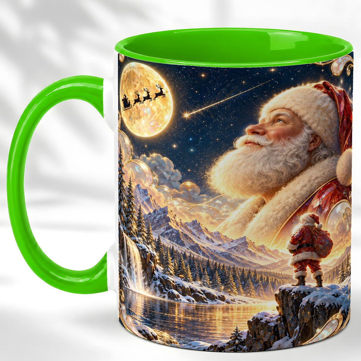 #pl[11oz|Green] Santa Winter Coffee Mug, Mountain Night Mug, Ceramic Cup