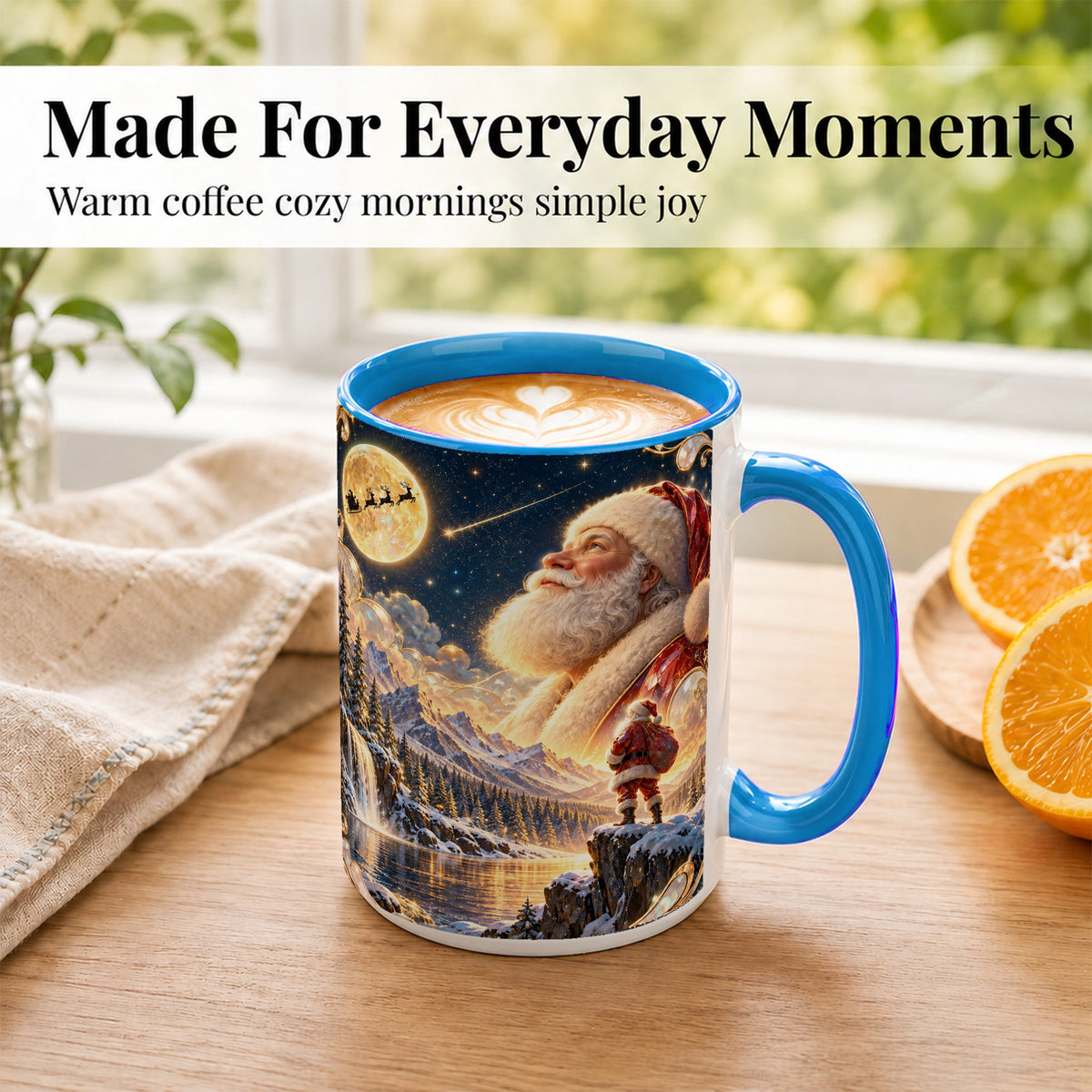 #pl[15oz|Blue] Santa Winter Coffee Mug, Mountain Night Mug, Ceramic Cup