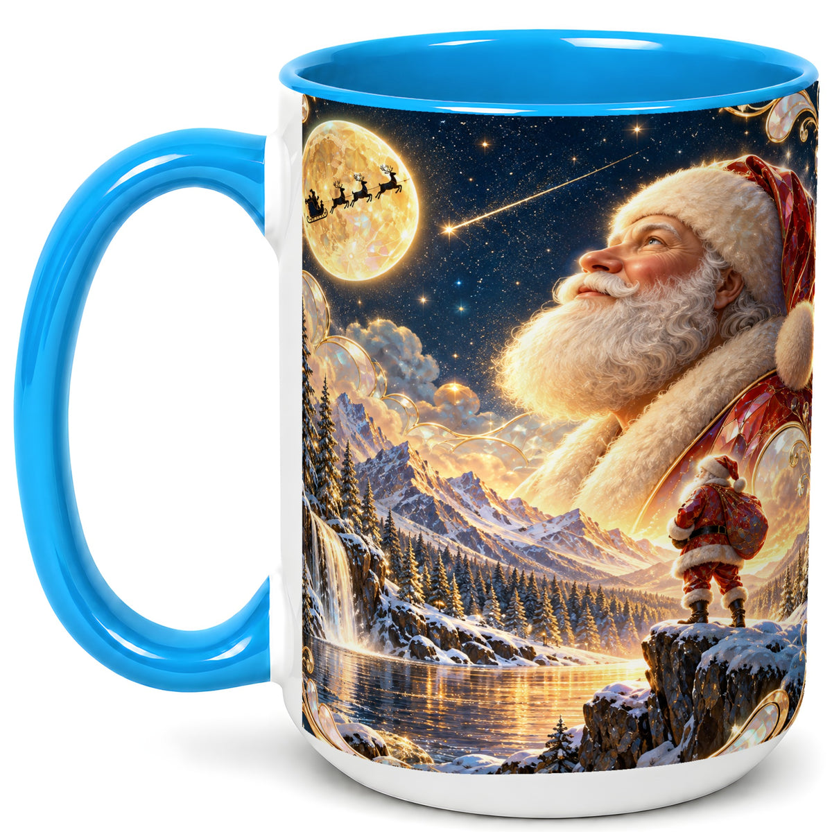 #pl[15oz|Blue] Santa Winter Coffee Mug, Mountain Night Mug, Ceramic Cup