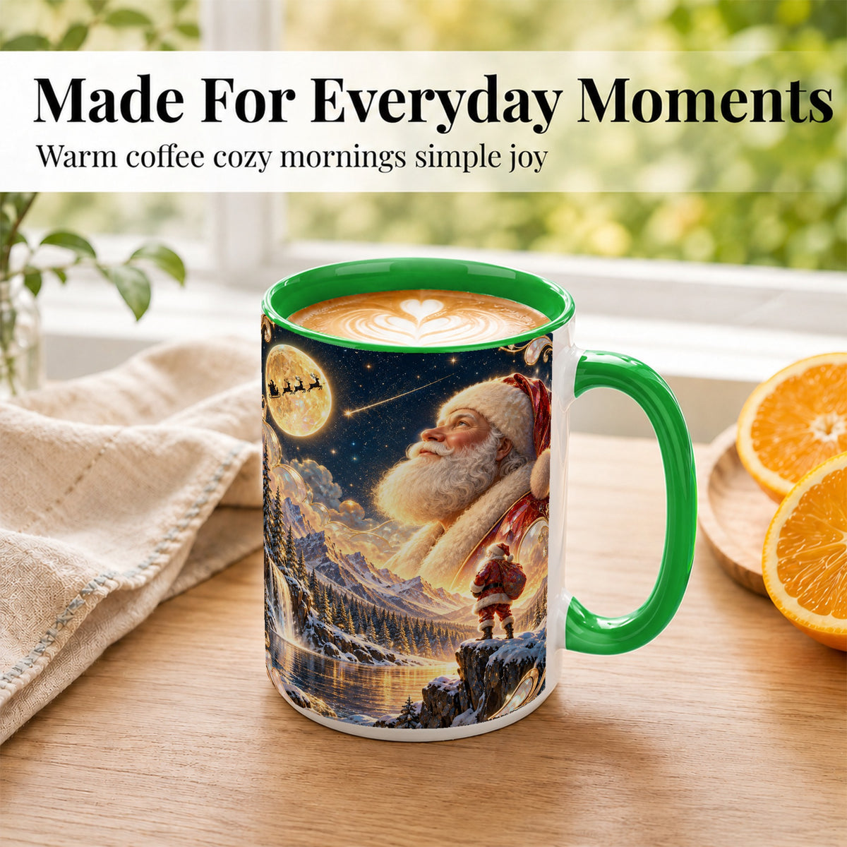 #pl[15oz|Green] Santa Winter Coffee Mug, Mountain Night Mug, Ceramic Cup