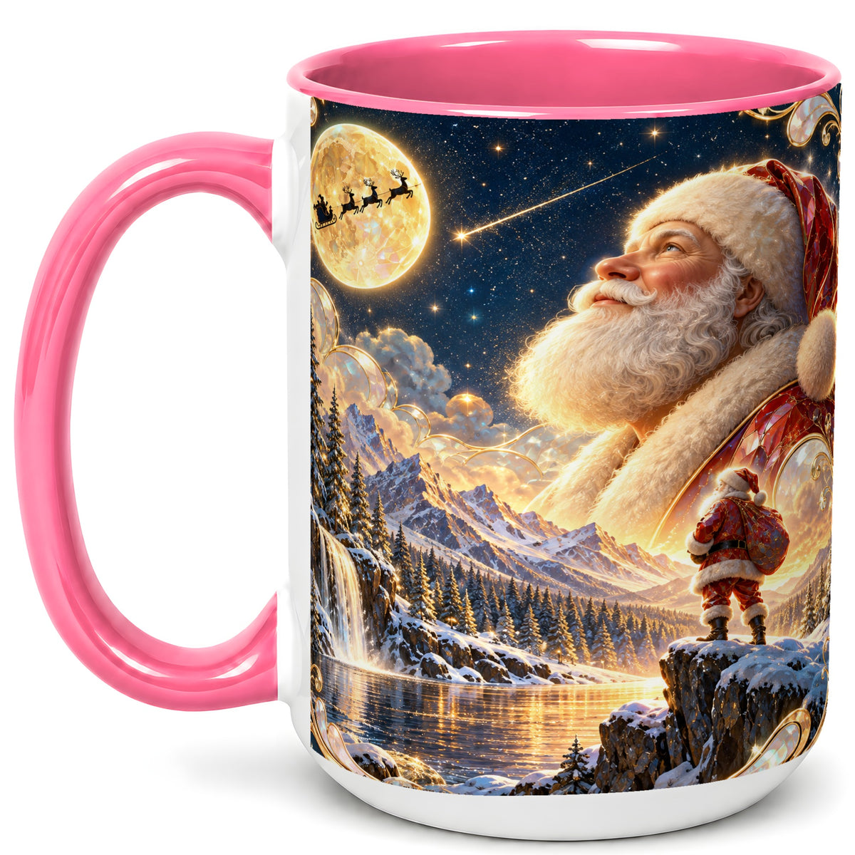 #pl[15oz|Pink] Santa Winter Coffee Mug, Mountain Night Mug, Ceramic Cup