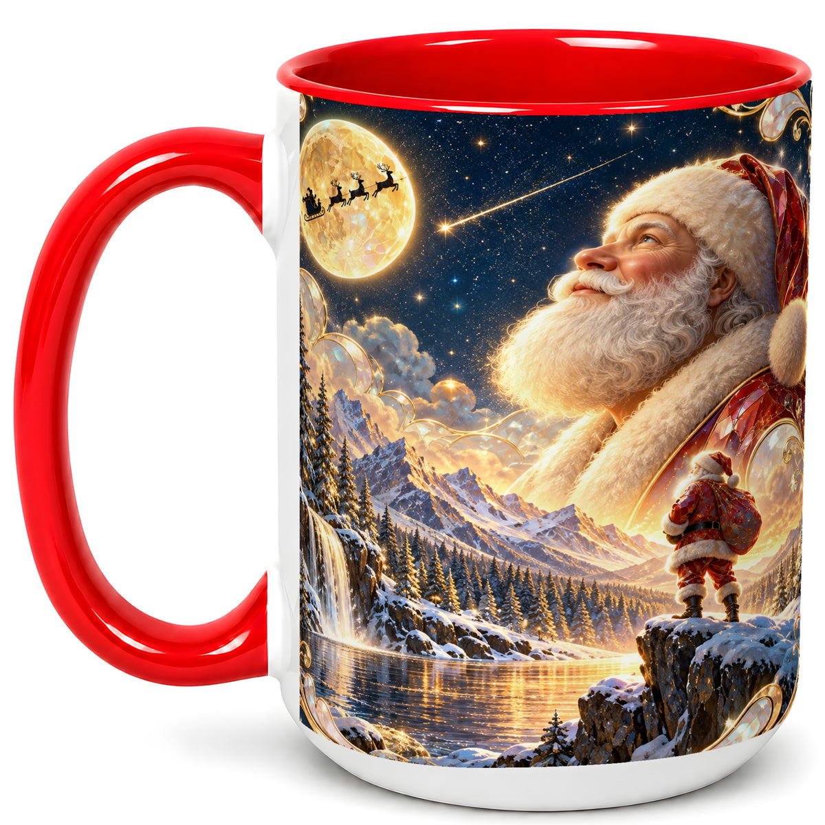 #pl[15oz|Red] Santa Winter Coffee Mug, Mountain Night Mug, Ceramic Cup