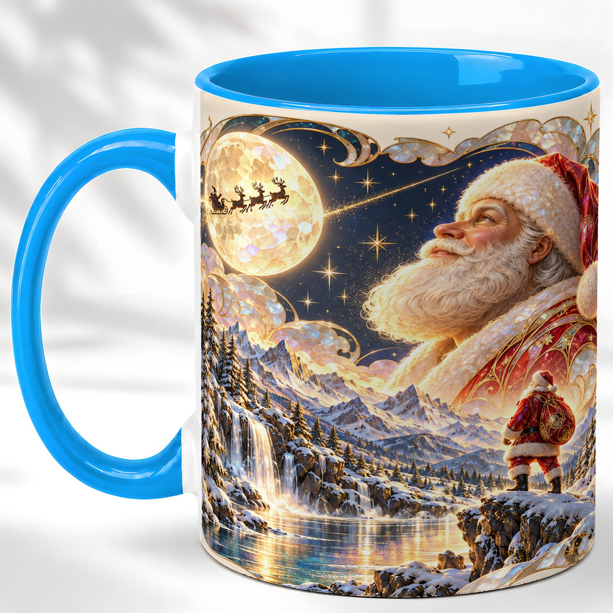 #pl[11oz|Blue] Santa Moon Coffee Mug, Christmas Night Mug, Ceramic Cup