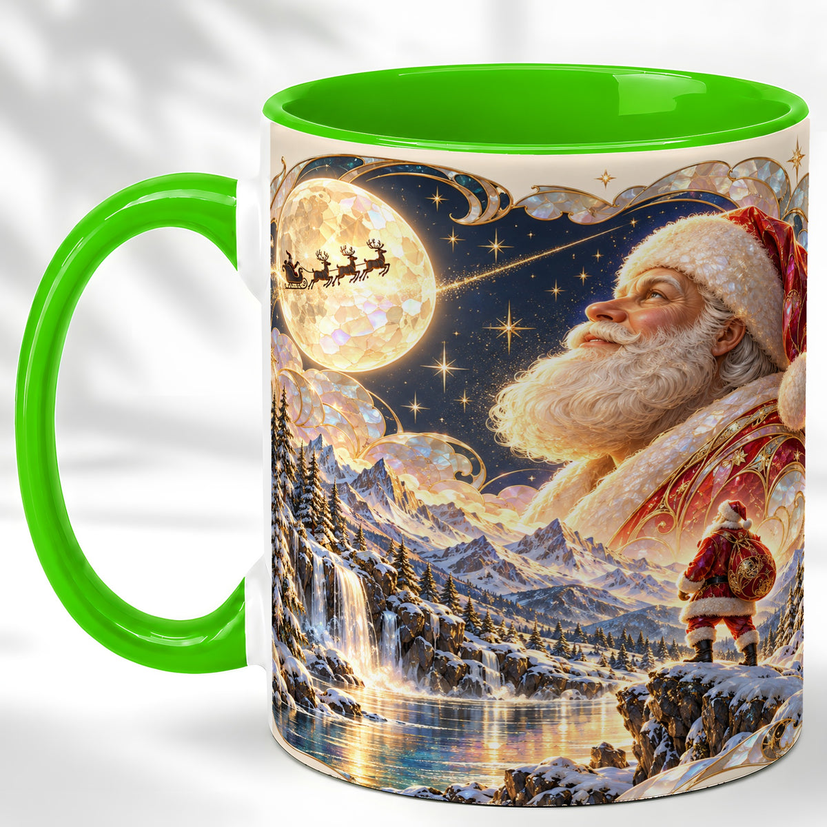 #pl[11oz|Green] Santa Moon Coffee Mug, Christmas Night Mug, Ceramic Cup