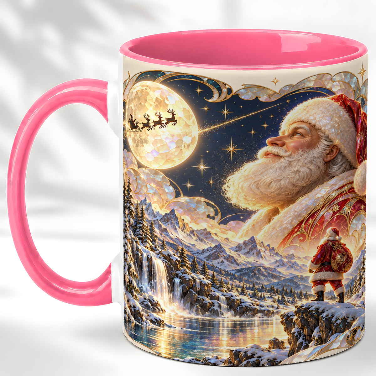 #pl[11oz|Pink] Santa Moon Coffee Mug, Christmas Night Mug, Ceramic Cup