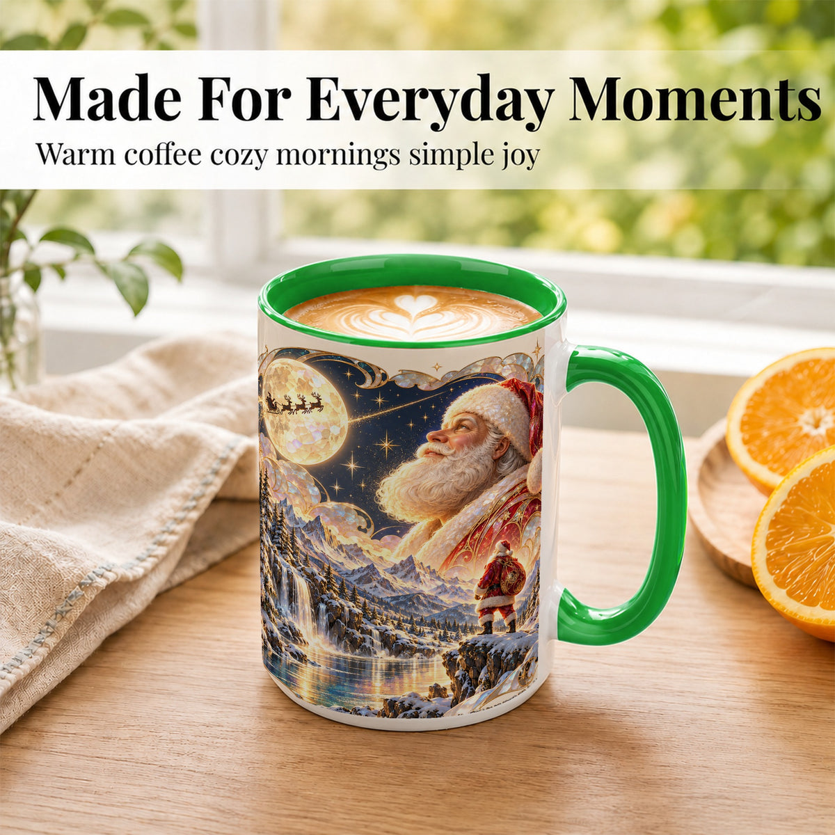 #pl[15oz|Green] Santa Moon Coffee Mug, Christmas Night Mug, Ceramic Cup