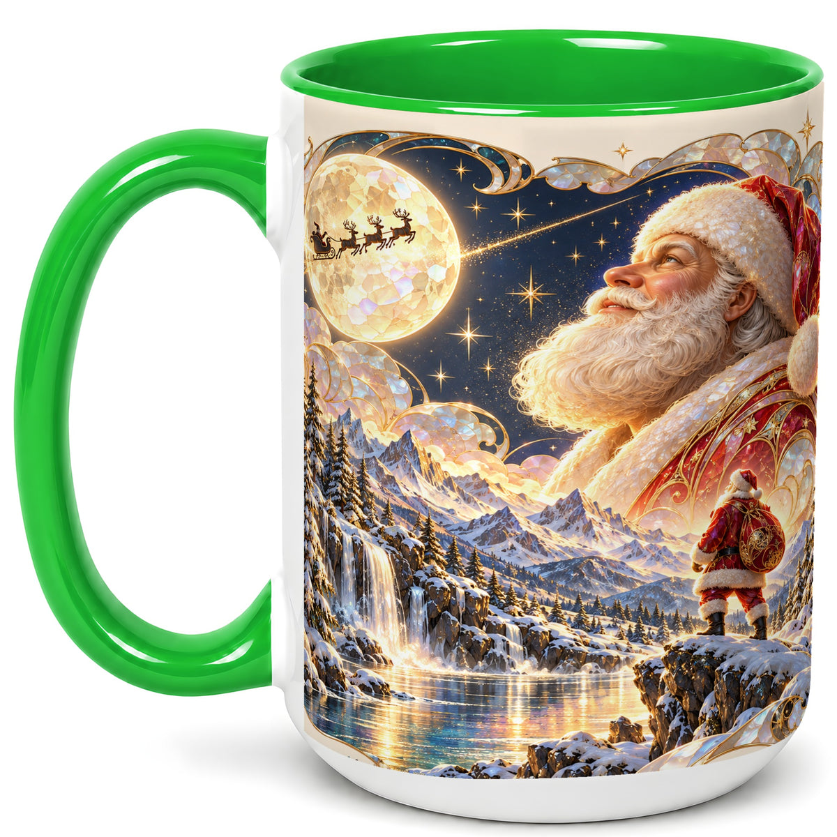 #pl[15oz|Green] Santa Moon Coffee Mug, Christmas Night Mug, Ceramic Cup