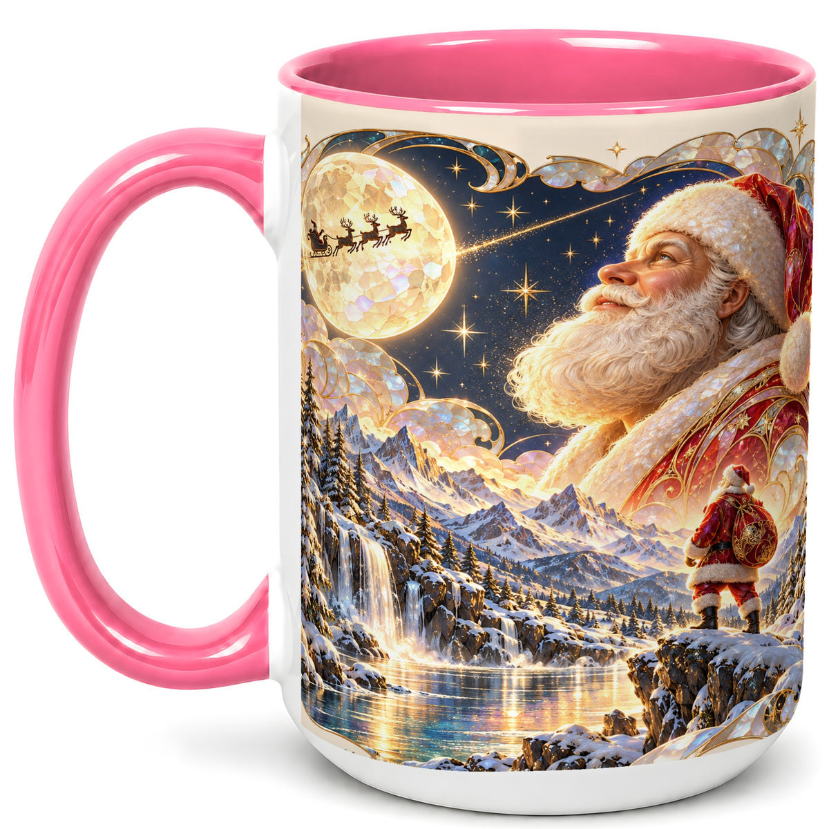 #pl[15oz|Pink] Santa Moon Coffee Mug, Christmas Night Mug, Ceramic Cup