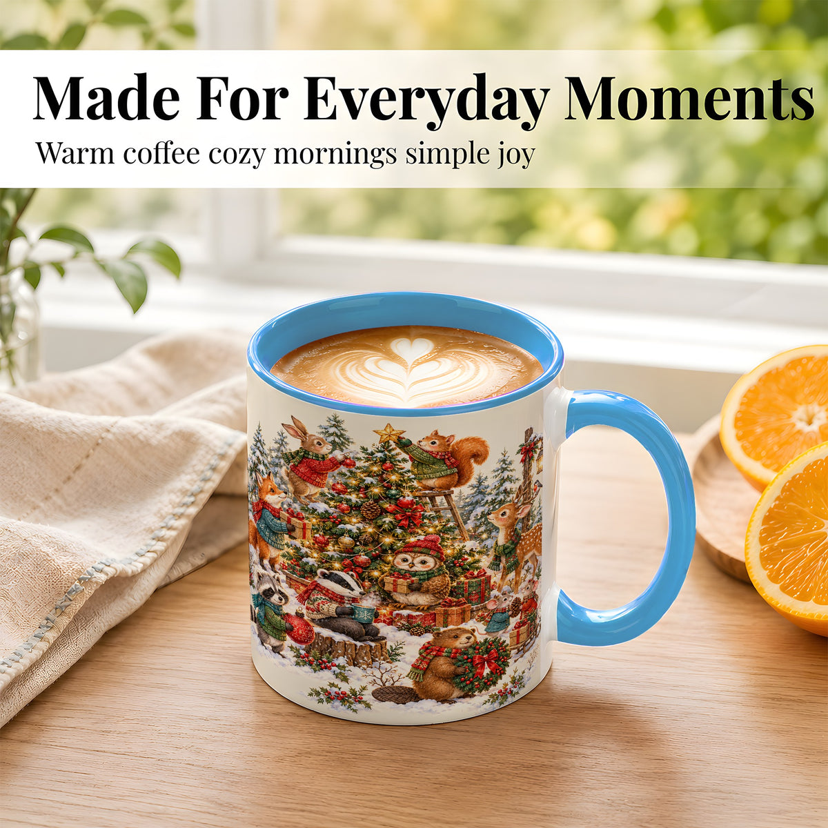 #pl[11oz|Blue] Woodland Christmas Coffee Mug, Forest Animal Mug, Ceramic Cup