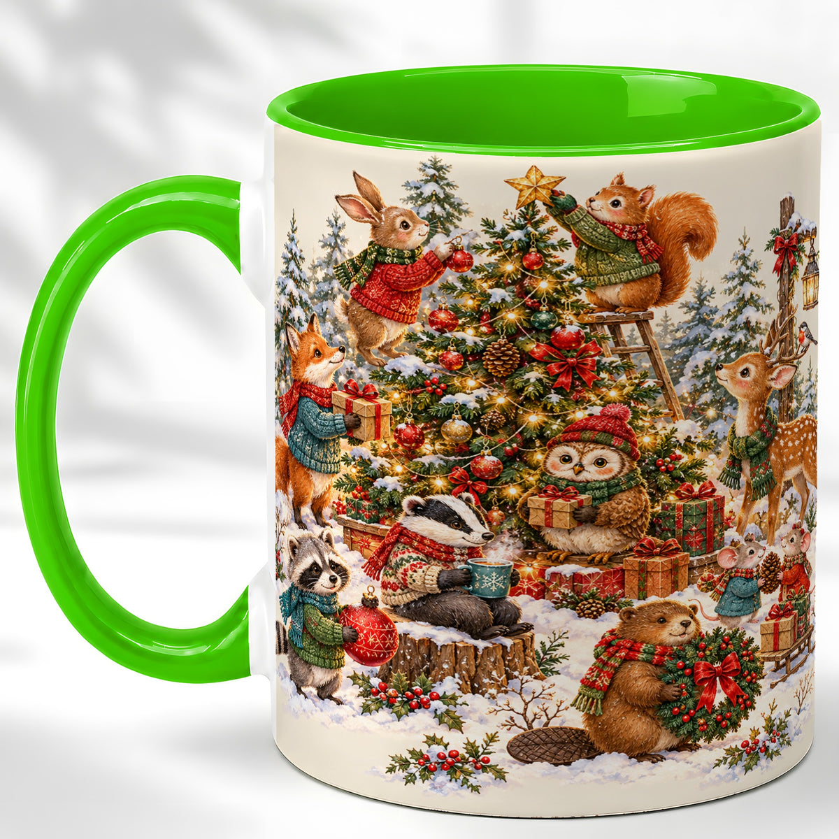#pl[11oz|Green] Woodland Christmas Coffee Mug, Forest Animal Mug, Ceramic Cup