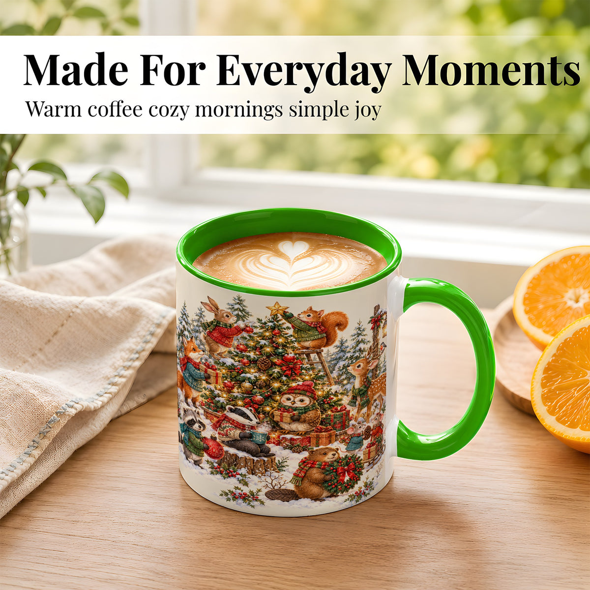 #pl[11oz|Green] Woodland Christmas Coffee Mug, Forest Animal Mug, Ceramic Cup