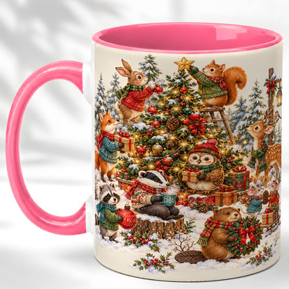 #pl[11oz|Pink] Woodland Christmas Coffee Mug, Forest Animal Mug, Ceramic Cup