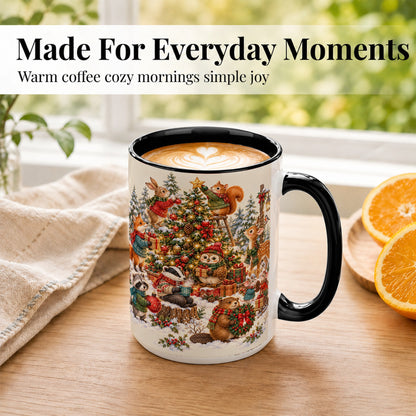 #pl[15oz|Black] Woodland Christmas Coffee Mug, Forest Animal Mug, Ceramic Cup