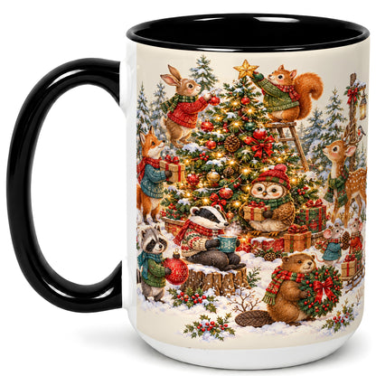 #pl[15oz|Black] Woodland Christmas Coffee Mug, Forest Animal Mug, Ceramic Cup