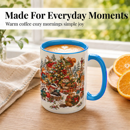 #pl[15oz|Blue] Woodland Christmas Coffee Mug, Forest Animal Mug, Ceramic Cup