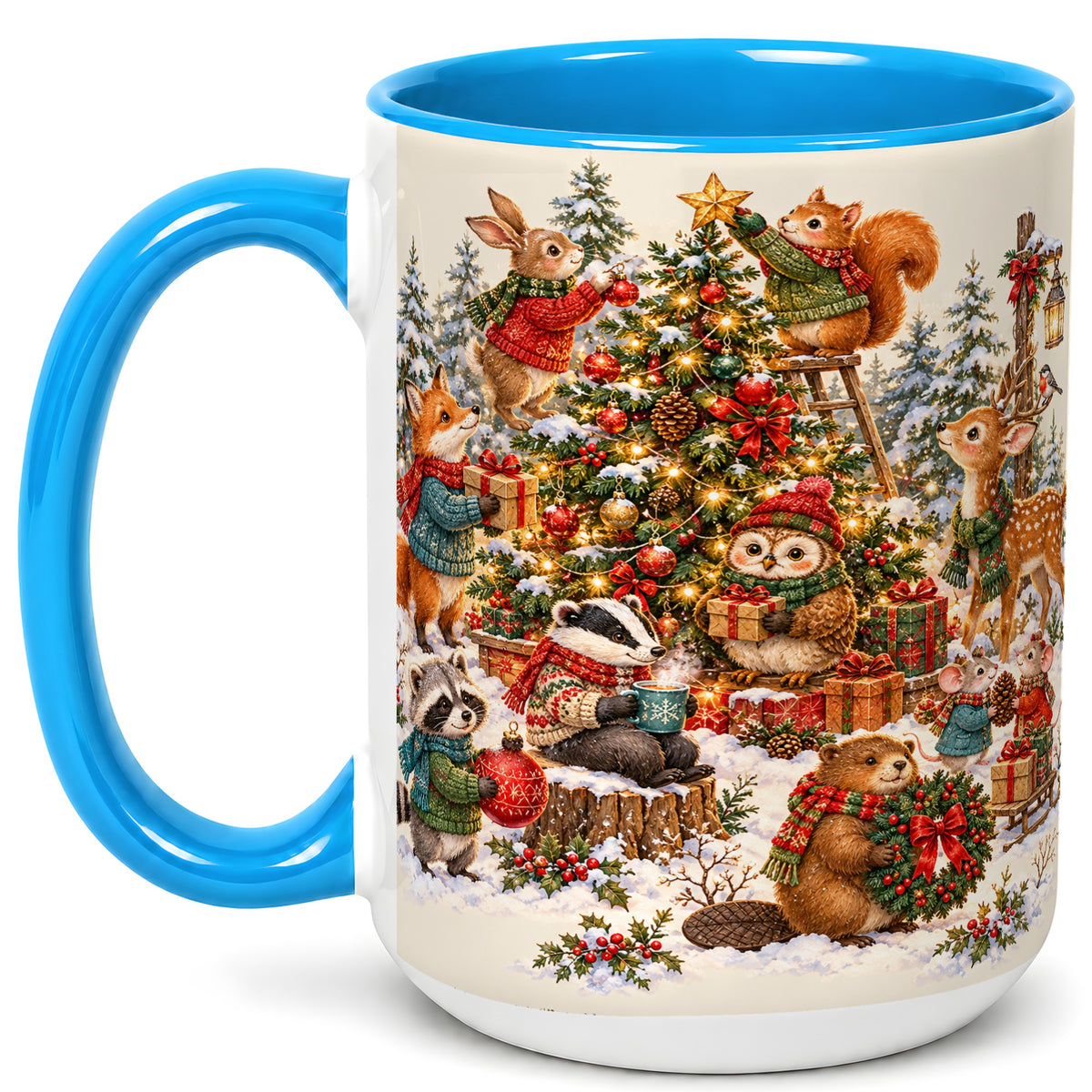 #pl[15oz|Blue] Woodland Christmas Coffee Mug, Forest Animal Mug, Ceramic Cup