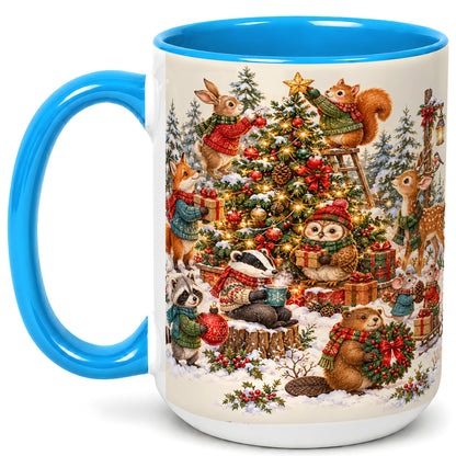 #pl[15oz|Blue] Woodland Christmas Coffee Mug, Forest Animal Mug, Ceramic Cup