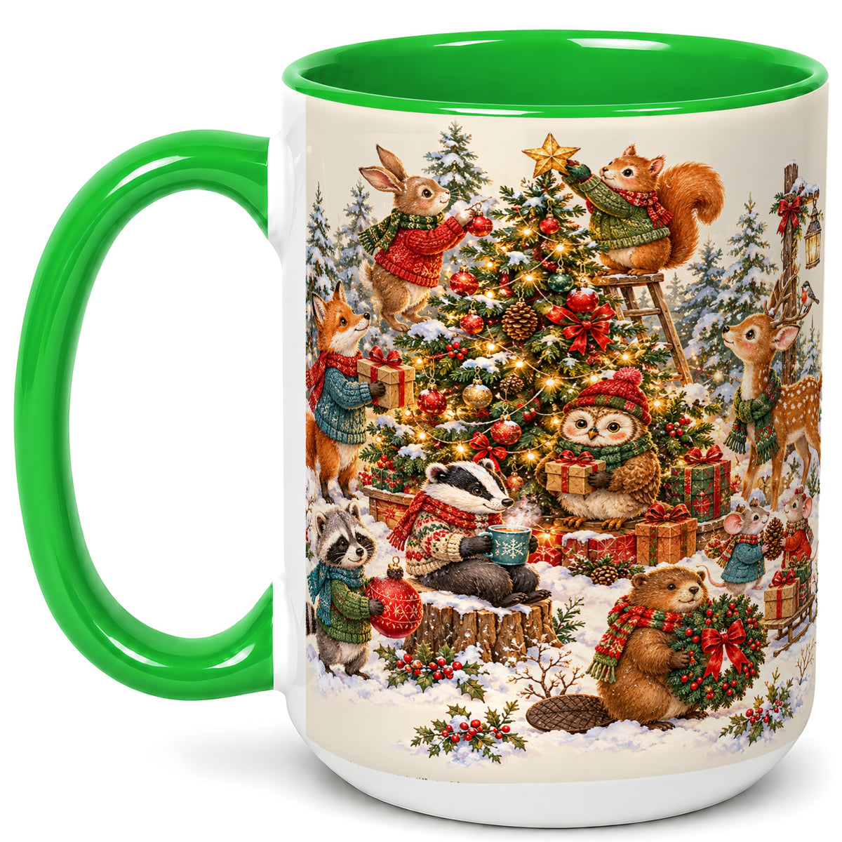 #pl[15oz|Green] Woodland Christmas Coffee Mug, Forest Animal Mug, Ceramic Cup