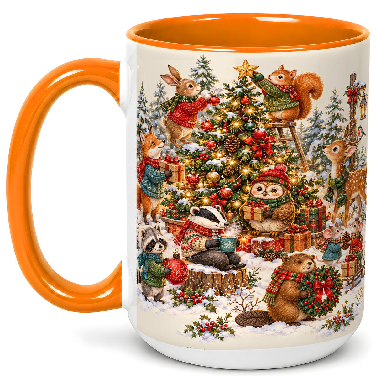 #pl[15oz|Orange] Woodland Christmas Coffee Mug, Forest Animal Mug, Ceramic Cup
