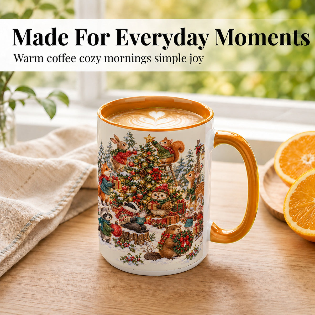 #pl[15oz|Orange] Woodland Christmas Coffee Mug, Forest Animal Mug, Ceramic Cup
