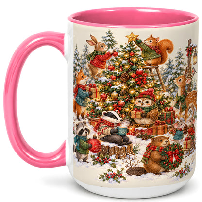 #pl[15oz|Pink] Woodland Christmas Coffee Mug, Forest Animal Mug, Ceramic Cup