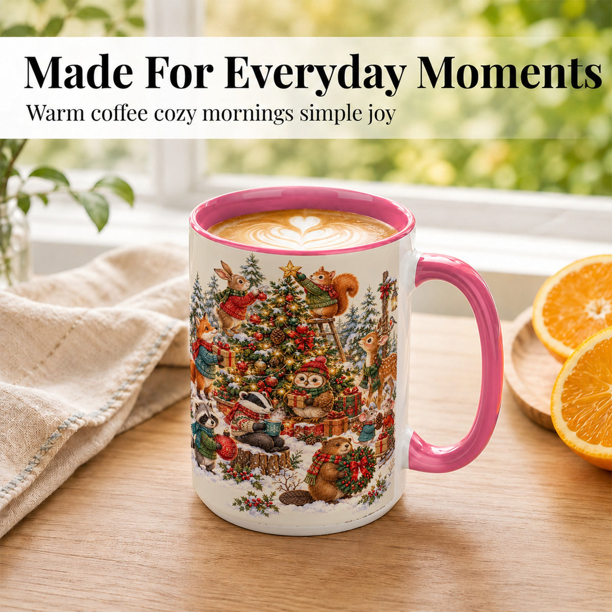 #pl[15oz|Pink] Woodland Christmas Coffee Mug, Forest Animal Mug, Ceramic Cup