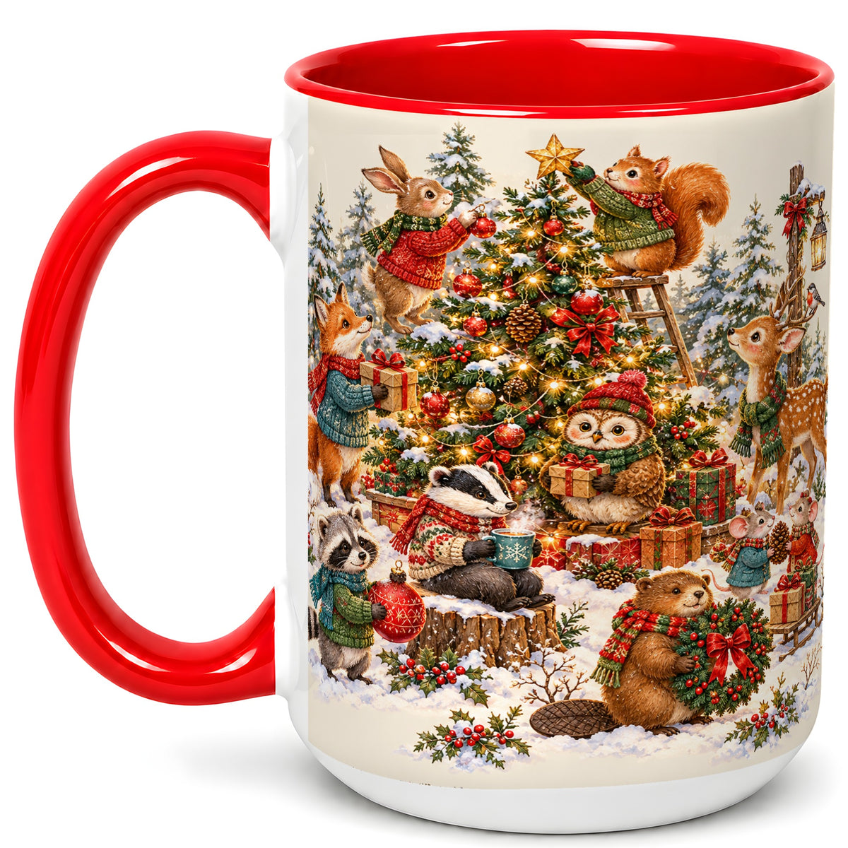 #pl[15oz|Red] Woodland Christmas Coffee Mug, Forest Animal Mug, Ceramic Cup