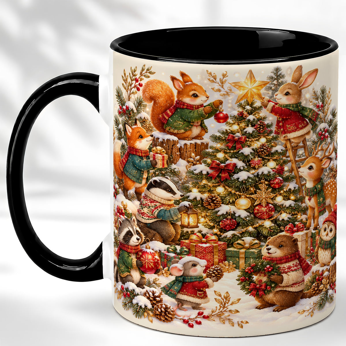 #pl[11oz|Black] Woodland Tree Coffee Mug, Christmas Animal Mug, Ceramic Cup