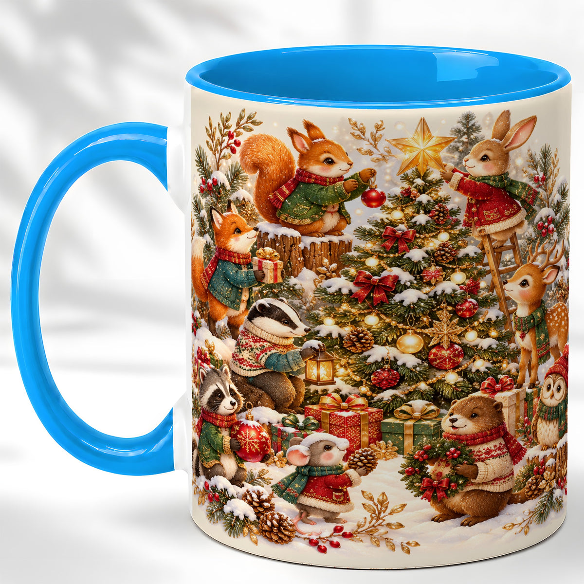 #pl[11oz|Blue] Woodland Tree Coffee Mug, Christmas Animal Mug, Ceramic Cup