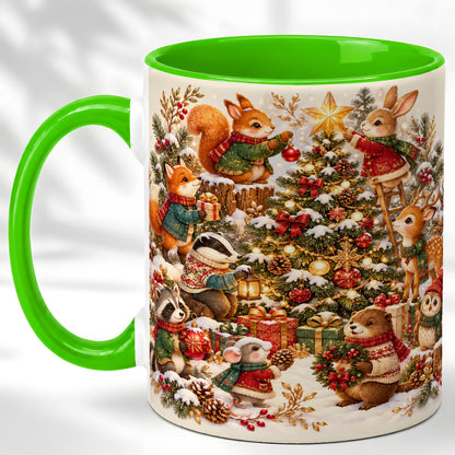 #pl[11oz|Green] Woodland Tree Coffee Mug, Christmas Animal Mug, Ceramic Cup
